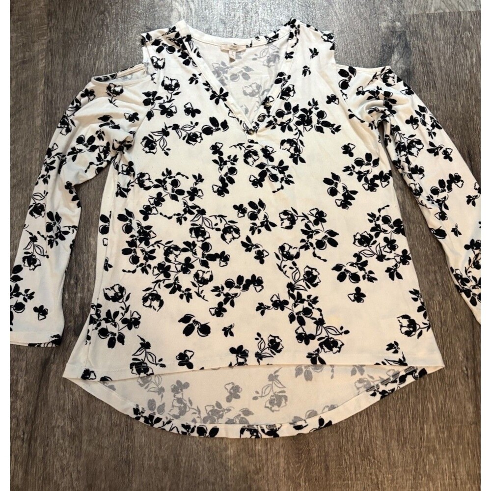 Como Vintage Woman’s L Cold Shoulder Top Black White Floral Modern Boho Romantic